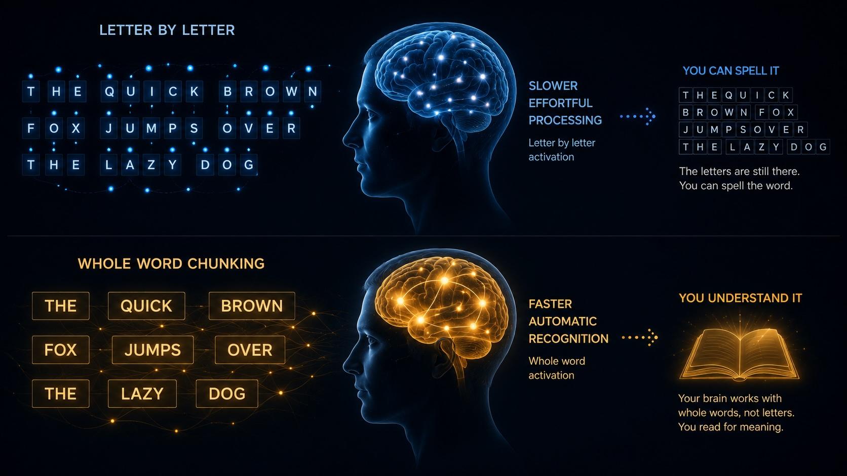 Illustration showing a word firing as one unit compared to individual letters, paralleled with a chord shape firing as one unit compared to individual notes