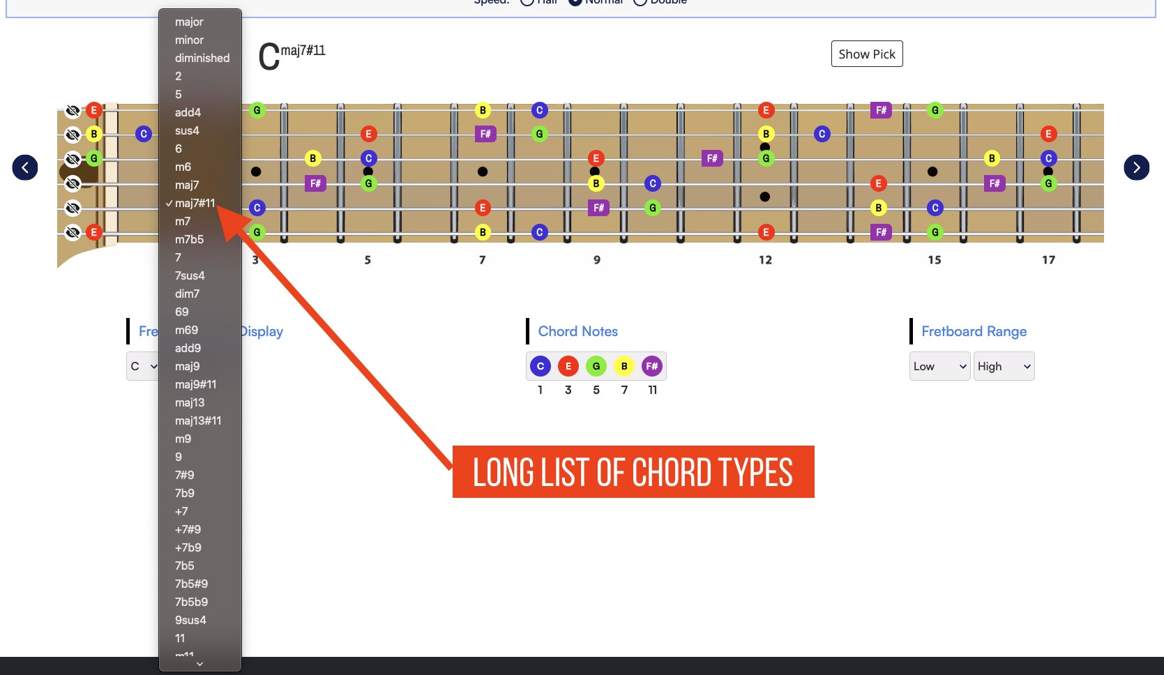 Arpeggio Flow Chord Type List List of chord types available in Arpeggio Flow for any key for practicing arpeggios all up and down the fretboard.